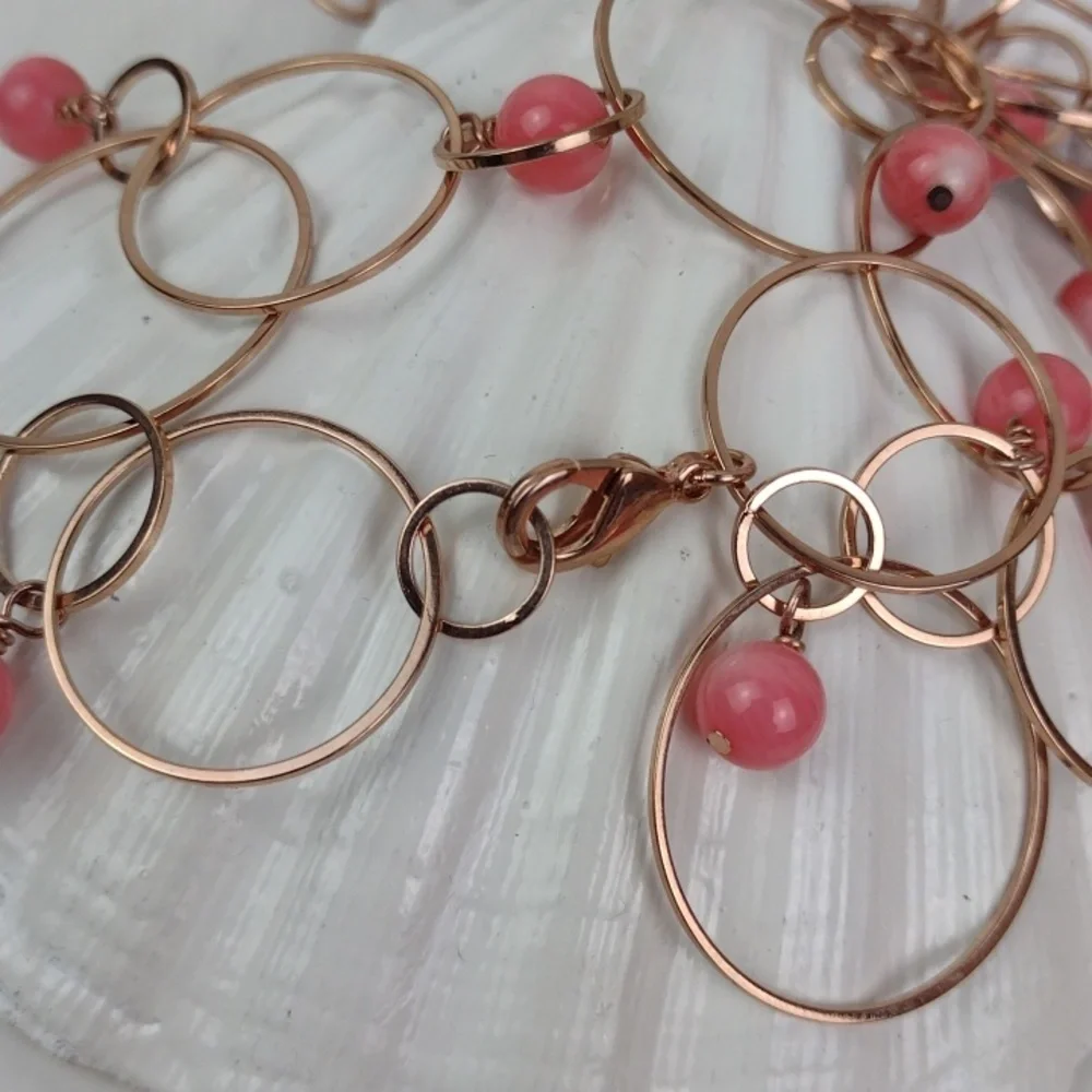 Dainty Gold Ring Chain Link Hoop & Coral Peachy Beads Necklace
